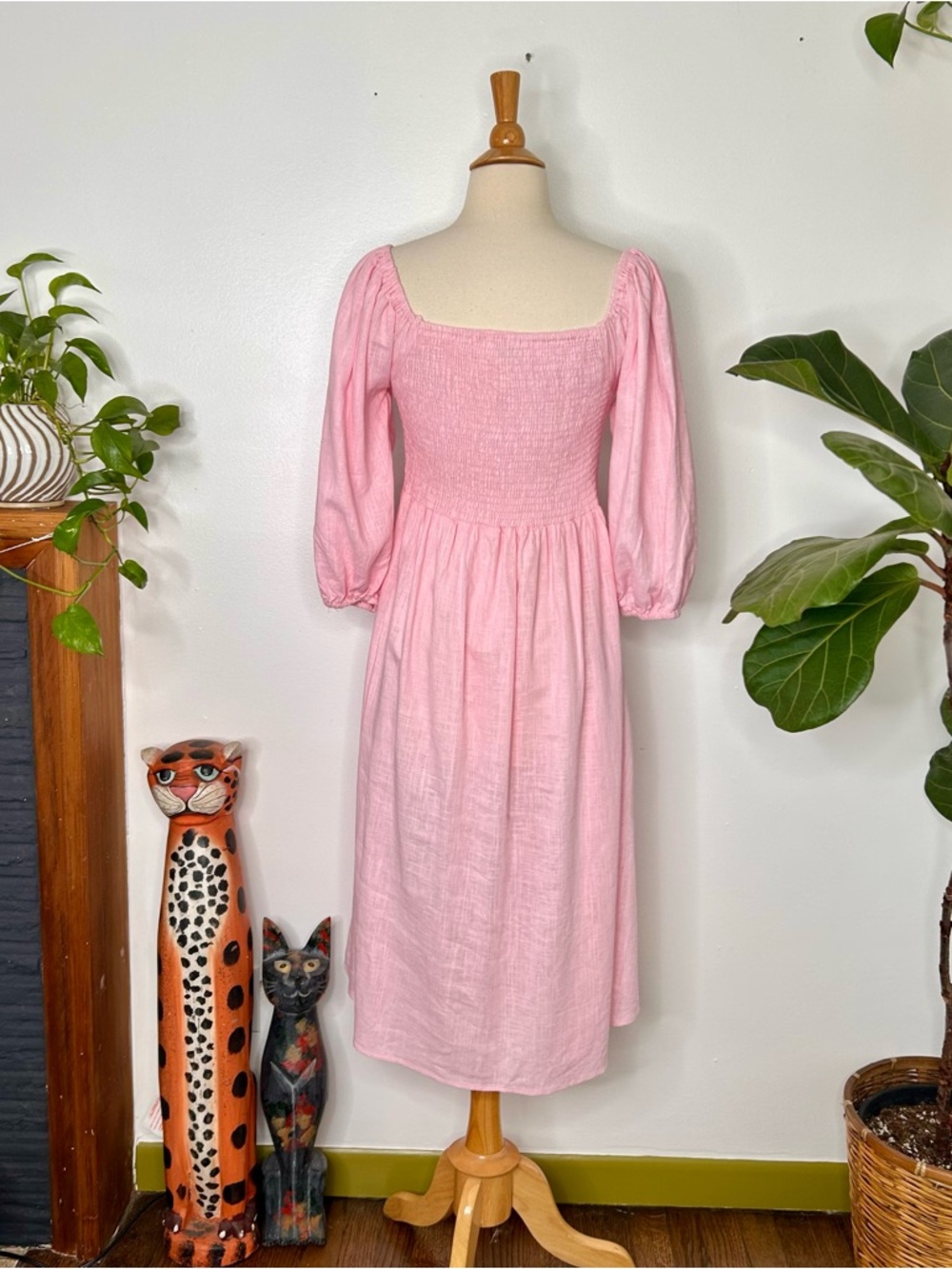 Petal & Pup Light Pink Smocked linen blend Midi Dress - Picture 8 of 9